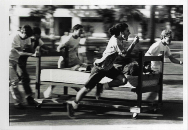 Bed races at the campus mall to celebrate Founders' Day in the 1980s